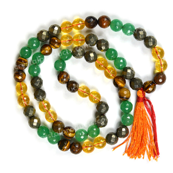 Natural Wealth & Prosperity Crystal Mala 10 mm Faceted Beads | Citrine, Green Aventurine, Pyrite & Tiger Eye Dhan Yog Combination Mala
