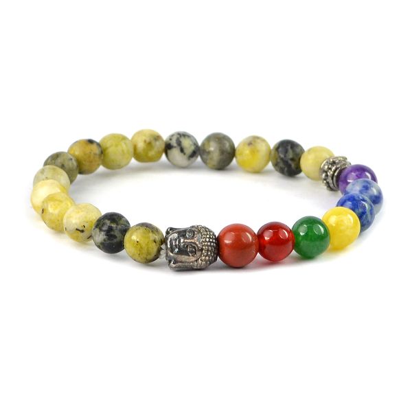 Natural Crystal Stone 7 Chakra Buddha Head Charm 8 mm Bracelet