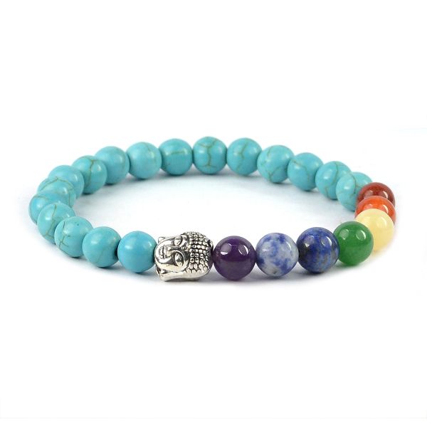 Natural Crystal Stone 7 Chakra Buddha Head Charm 8 mm Bracelet