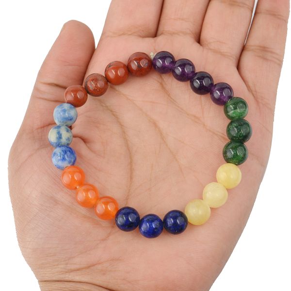7 Chakra 8mm Round Beads Bracelet – Amethyst, Sodalite, Lapis Lazuli, Green Aventurine, Golden Quartz, Carnelian Red Jasper