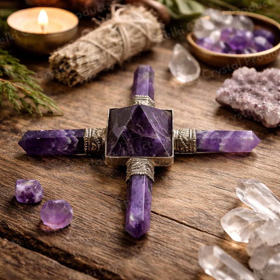 Amethyst Crystal Energy Generator | Pyramid Center with 4 Wand Points for Reiki Healing & Meditation