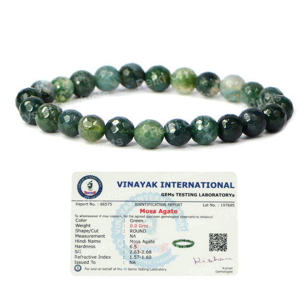 Certified Natural Moss Agate 8 mm Faceted Bead Bracelet for Growth, Abundance, Emotional Balance & Harmony