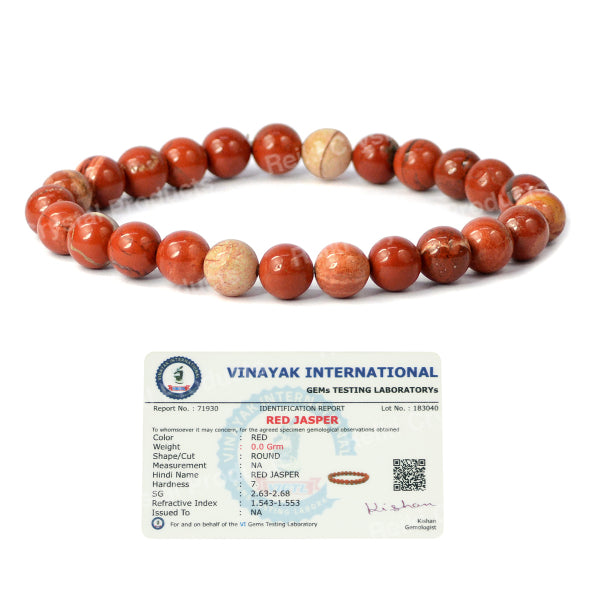 Certified Natural Red Jasper 8 mm Round Bead Bracelet for Strength, Courage, Stability & Positive Energy | Reiki Charged Certified Gemstone Bracelet for Men & Women