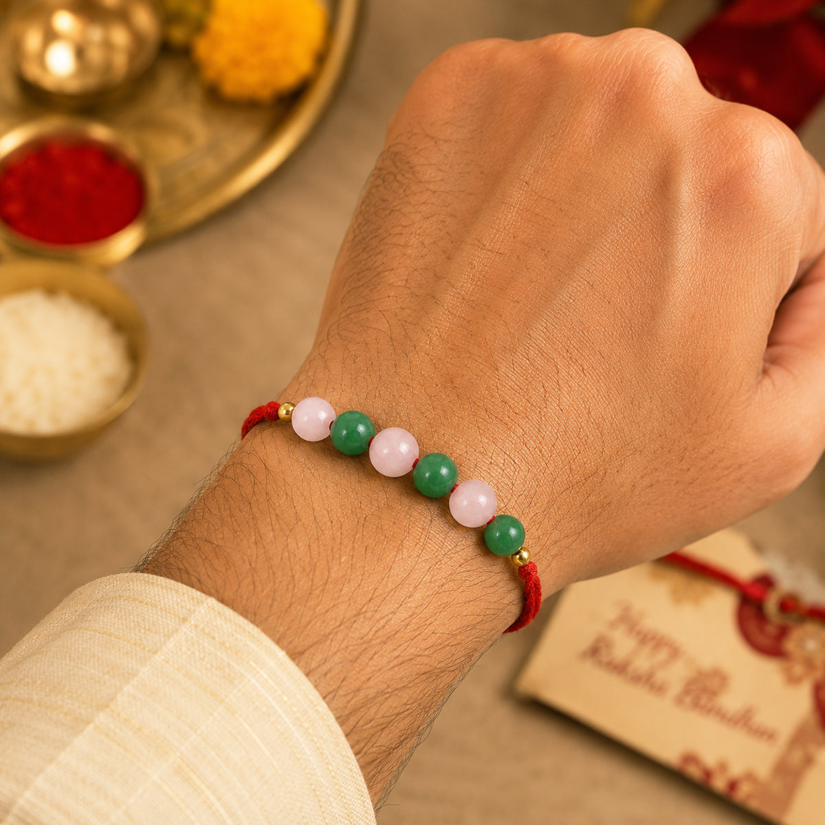 Green Aventurine & Rose Quartz Crystal Stone Rakhi for Brother | Reiki Charged Handmade Raksha Bandhan Rakhi