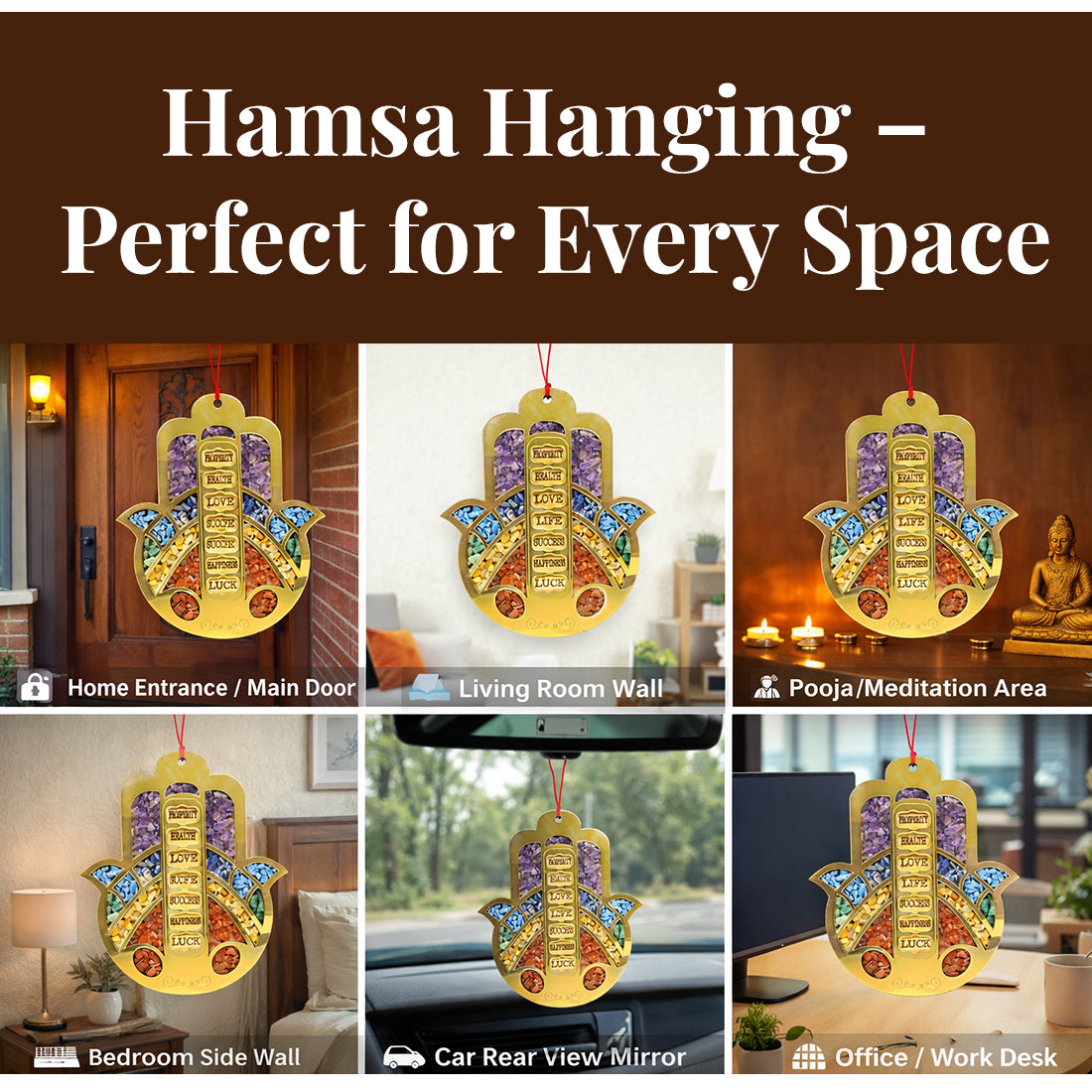 Collage of Hamsa hanging decorations in various settings with text 'Hamsa Hanging - Perfect for Every Space'.