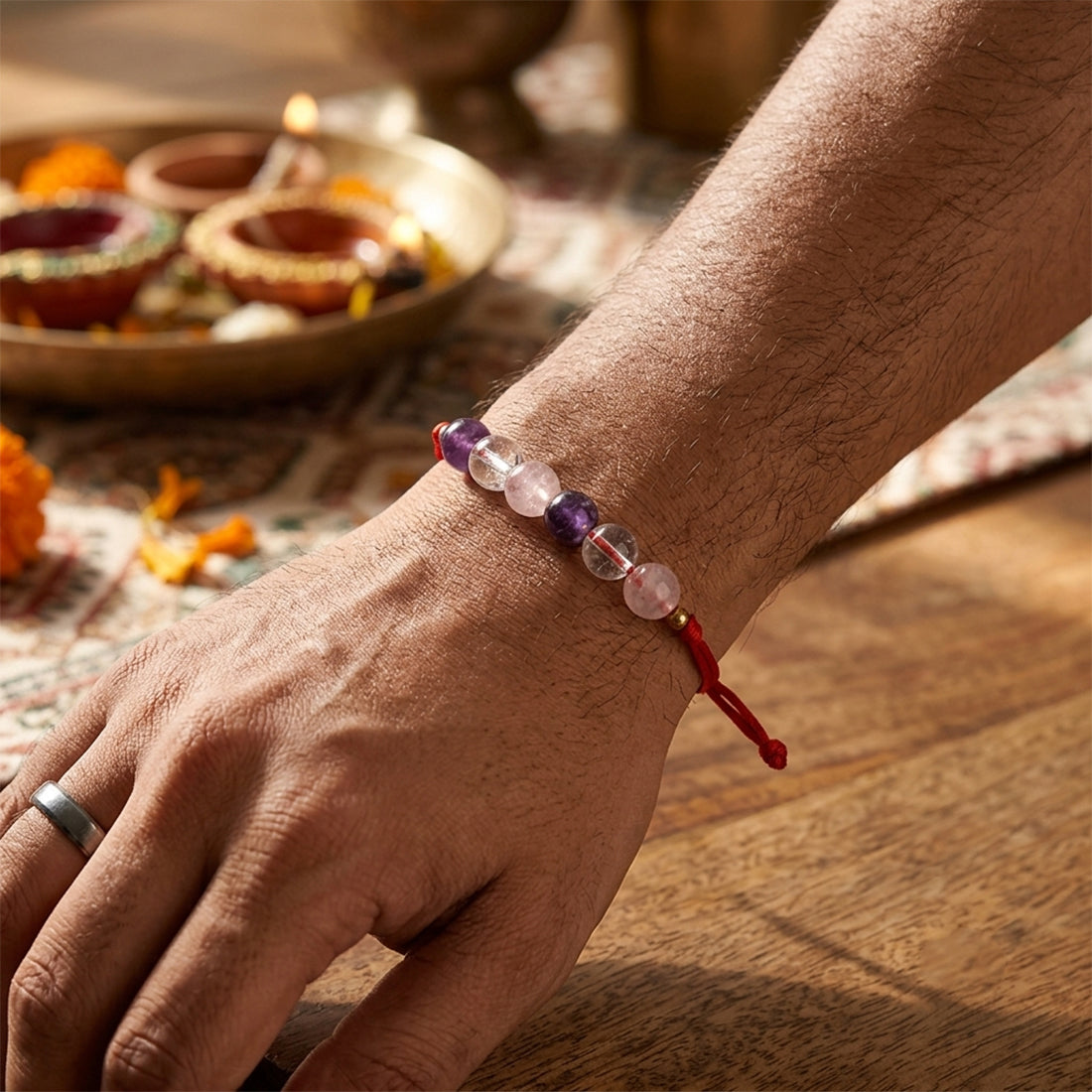 Mind Body Soul Rakhi | Natural Amethyst, Rose Quartz & Clear Quartz Crystal Stone Rakhi for Brother