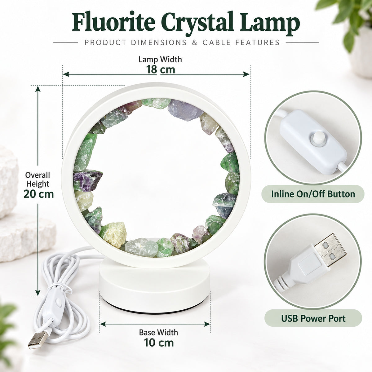Natural Fluorite Stone Lamp with USB Cable and White Base