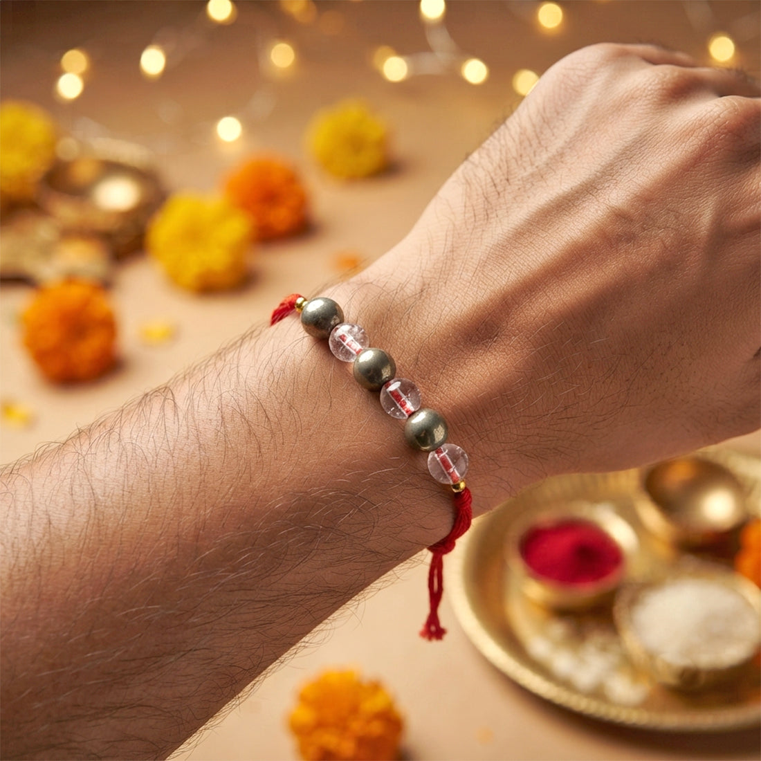 Natural Pyrite & Clear Quartz Crystal Stone Rakhi for Brother | Reiki Charged Handmade Raksha Bandhan Rakhi | Prosperity, Positive Energy & Mental Clarity