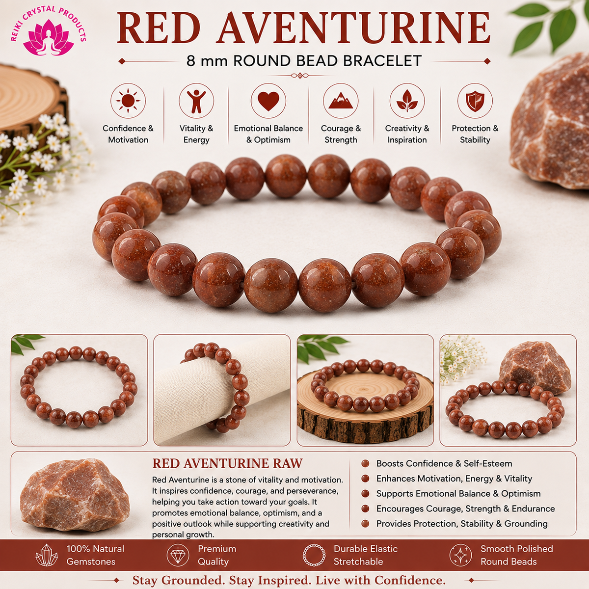 Natural Red Aventurine 8 mm Round Beads Bracelet for Confidence, Motivation, Courage & Positive Energy | Crystal Bracelet for Men & Women