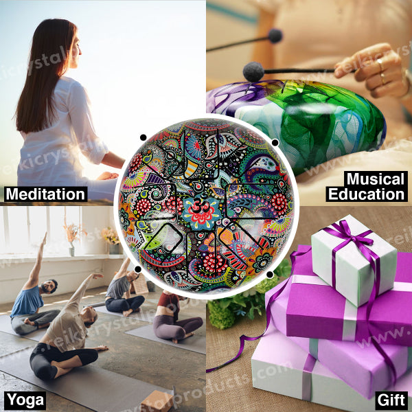 OM Printed Tongue Happy (Hapi) Musical Drum 15 cm (6 Inch) for Meditation, Sound Healing, Yoga & Relaxation | Metal Tongue Drum with 2 Mallets, Carry Bag & Finger Picks