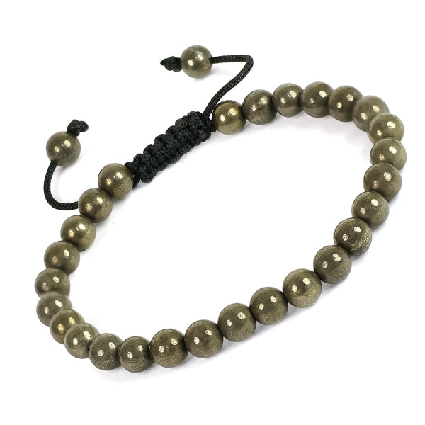 Pyrite Macrame Nylon Cord Adjustable Wristband Single Line Stone 6 mm Bracelet