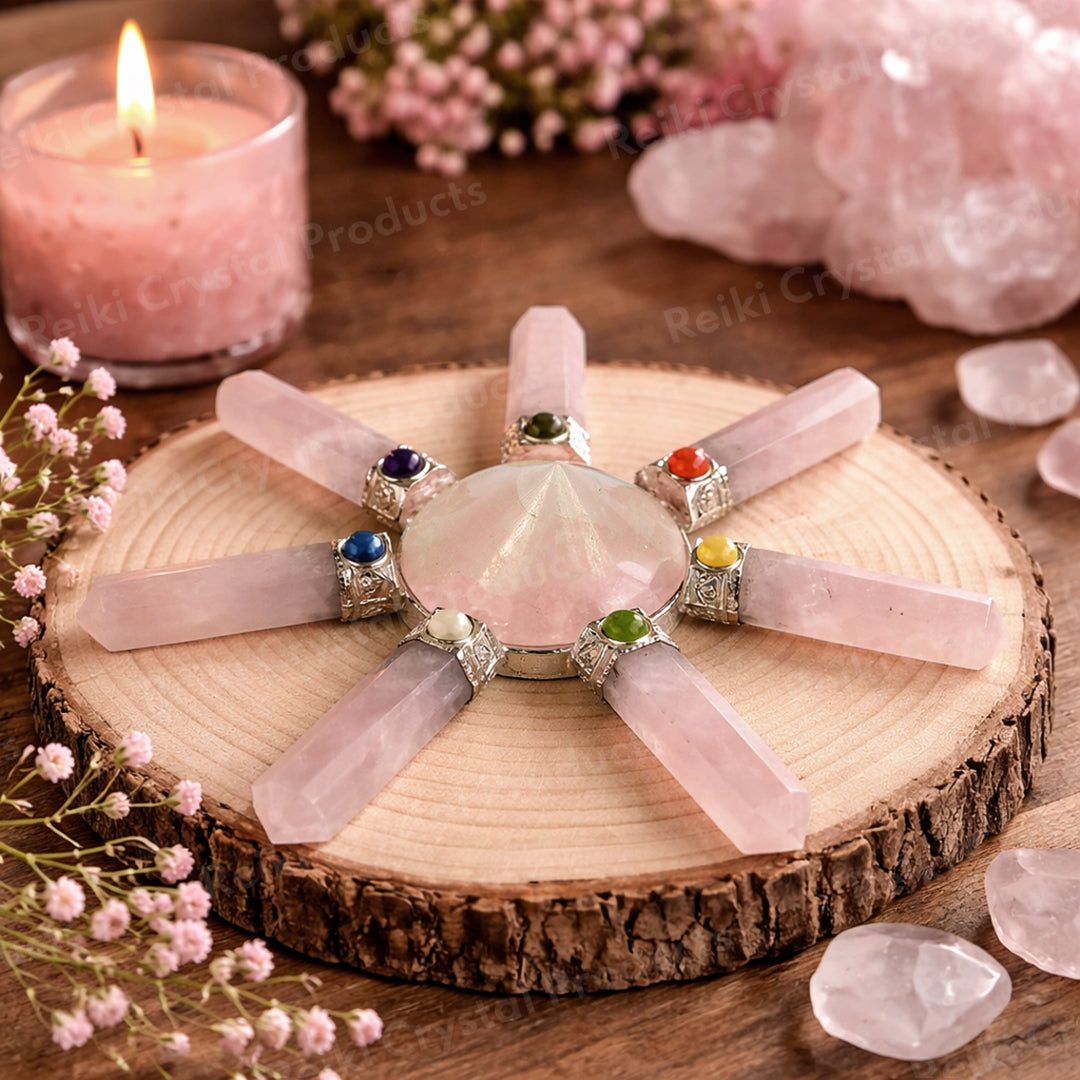 rose quartz crystal energy generator pyramid center 7 wand