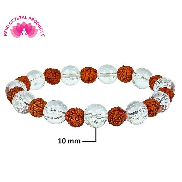 Rudraksha with Clear Quartz (Sphatik) 10 mm Faceted Bracelet for Peace, Protection, Spiritual Growth & Positive Energy | Reiki Charged Gemstone Bracelet for Men & Women