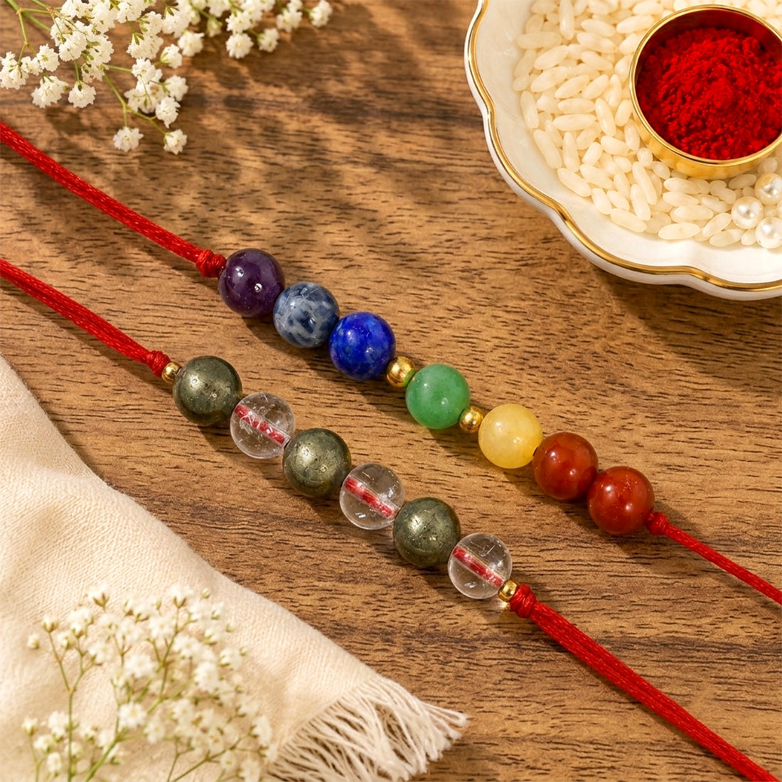 Wealth & Clarity Rakhi Combo Set of 2 | Natural Pyrite & Clear Quartz Crystal Stone Rakhi with 7 Chakra Crystal Rakhi | Reiki Charged Handmade Raksha Bandhan Rakhi for Men & Women | Prosperity, Positive Energy & Mental Clarity
