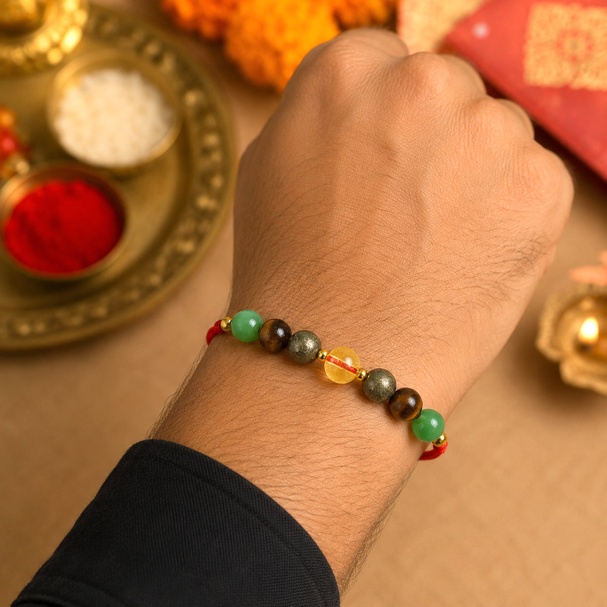 Wealth | Dhan Yog Rakhi | Natural Citrine, Pyrite, Green Aventurine & Tiger Eye Crystal Stone Rakhi | Reiki Charged Handmade Raksha Bandhan Rakhi | Prosperity, Success & Positive Energy