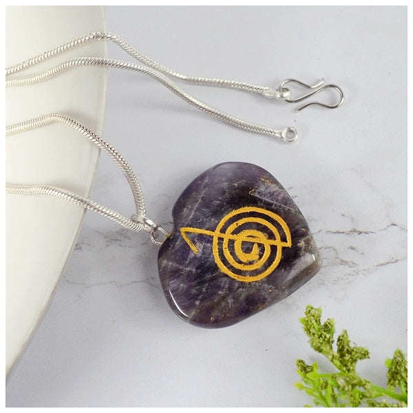 Natural Crystal Stone Reiki Cho Ku Rei Heart Shape Pendant - Locket with Metal Chain