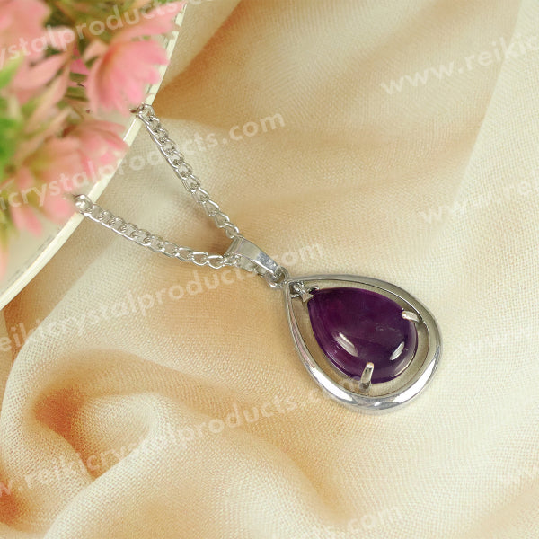 Natural Crystal Stone Drop Shape Pendant - Locket with Metal Chain