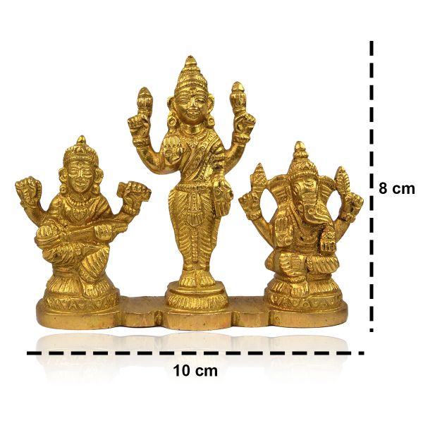 Brass Laxmi Ganesh Saraswati Idol God Murti for Home Temple, Pooja Room & Spiritual Decor | Premium Brass Lakshmi Ganesh Saraswati Statue for Diwali Puja, Office Desk & Gifting | Height 8 cm | Weight 265 Gram