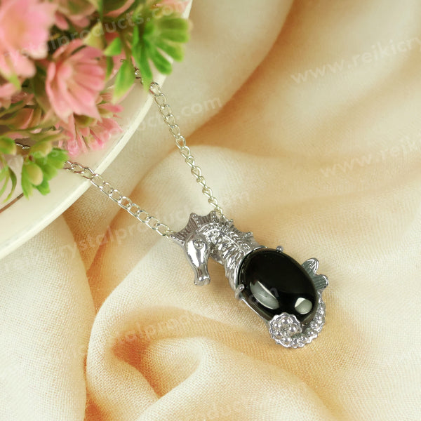 Natural Crystal Stone Seahorse Shape Pendant - Locket with Metal Chain