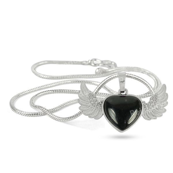 Natural Crystal Stone Angel Wings Heart Shape Pendant - Locket with Metal Chain