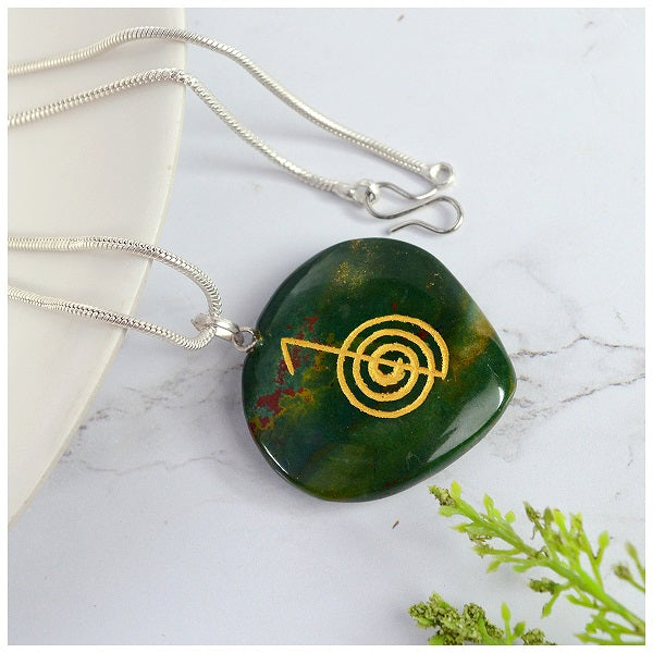 Natural Crystal Stone Reiki Cho Ku Rei Heart Shape Pendant - Locket with Metal Chain