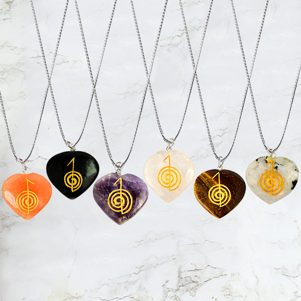 Natural Crystal Stone Reiki Cho Ku Rei Heart Shape Pendant - Locket with Metal Chain