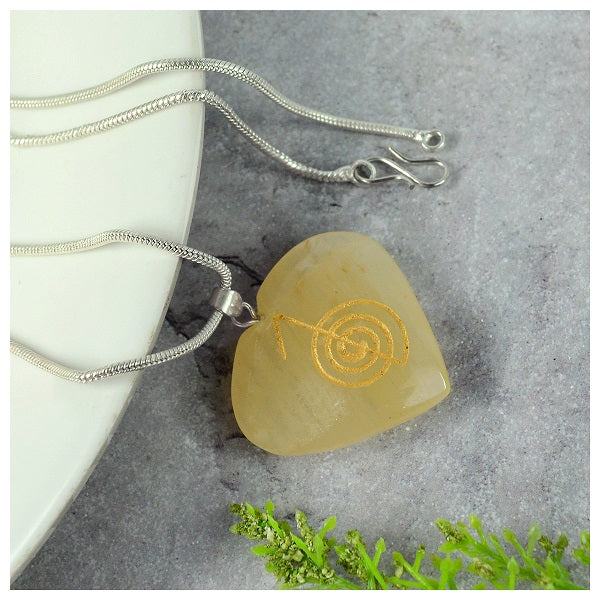 Natural Crystal Stone Reiki Cho Ku Rei Heart Shape Pendant - Locket with Metal Chain