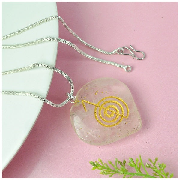 Natural Crystal Stone Reiki Cho Ku Rei Heart Shape Pendant - Locket with Metal Chain