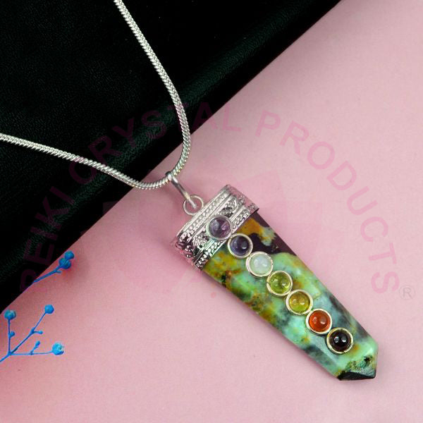 Natural Crystal Stone 7 Chakra Flat Stick Pendant Size 45-50 mm with Metal Chain