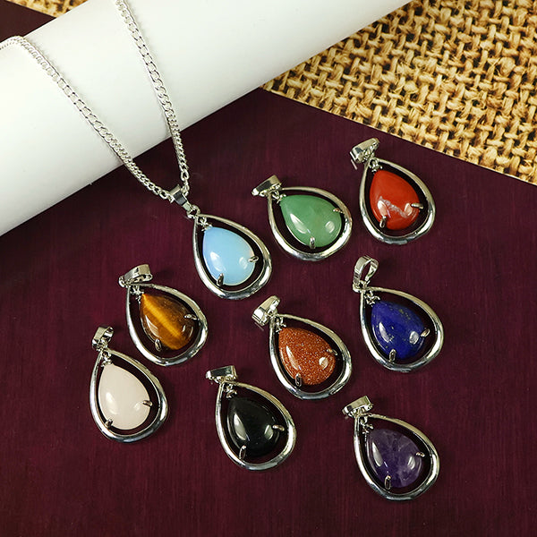 Natural Crystal Stone Drop Shape Pendant - Locket with Metal Chain