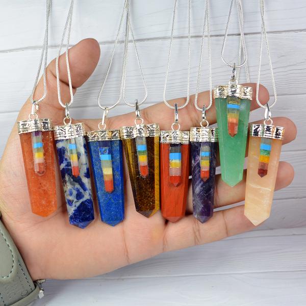 Natural Crystal Stone 7 Chakra Flat Stick Pendant Size 45-50 mm with Metal Chain