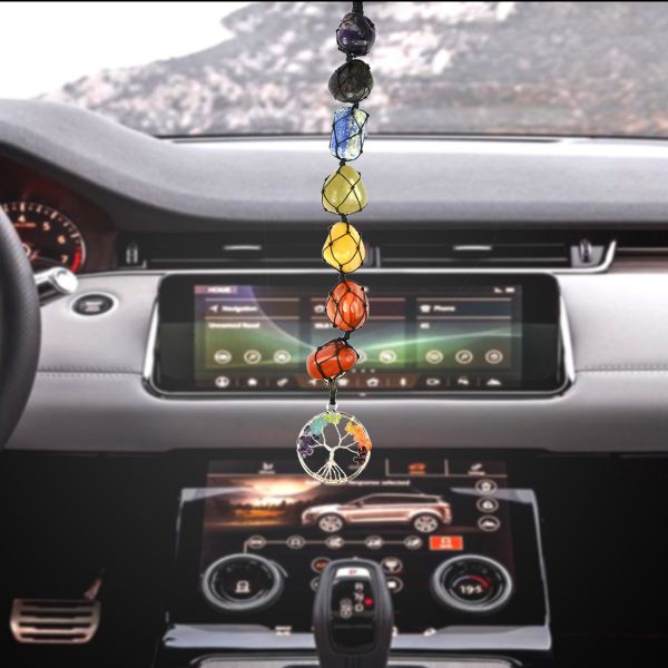 7 Chakra Tumble Stone Hanging with Tree of Life | Natural Chakra Crystal Car Hanging & Door Hanging | Reiki Energized Feng Shui Decor | Length 26.6 cm (10.5 inch)