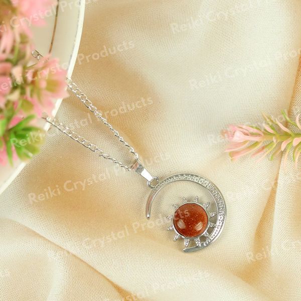 Natural Crystal Stone Sun And Moon Shape Pendant - Locket with Metal Chain