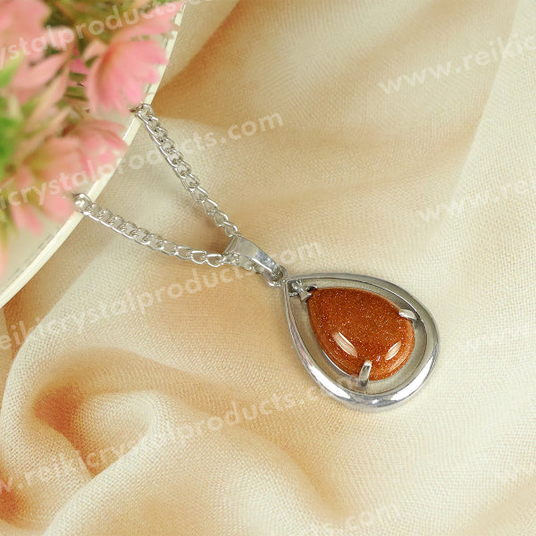 Natural Crystal Stone Drop Shape Pendant - Locket with Metal Chain