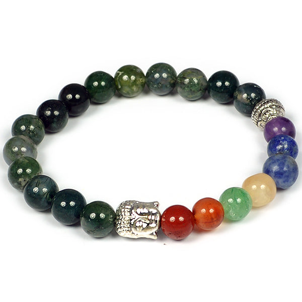 Natural Crystal Stone 7 Chakra Buddha Head Charm 8 mm Bracelet