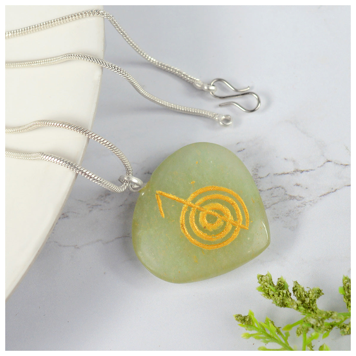 Natural Crystal Stone Reiki Cho Ku Rei Heart Shape Pendant - Locket with Metal Chain
