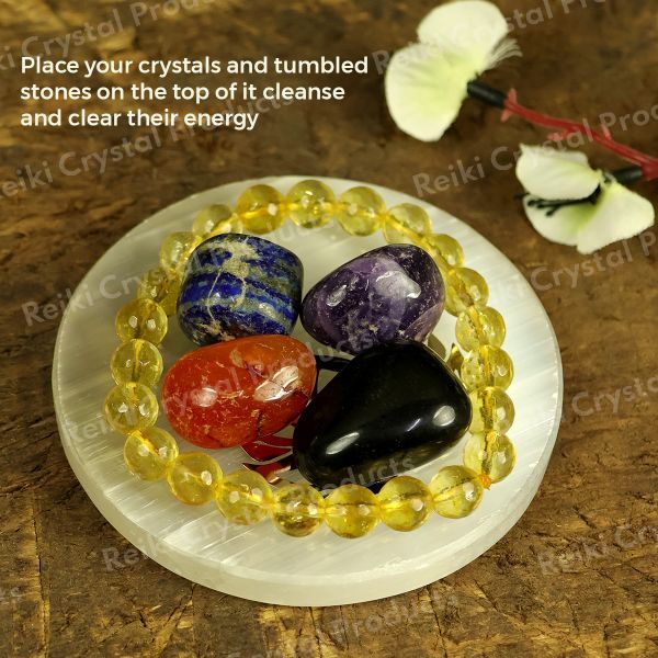 Selenite Crystal Charging Plate I Am Healthy Symbol 7.6 cm | Reiki Crystal Cleansing Board for Healing Stones & Crystal Jewelry