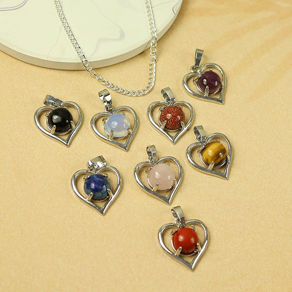 Natural Crystal Stone Heart Shape Pendant - Locket with Metal Chain