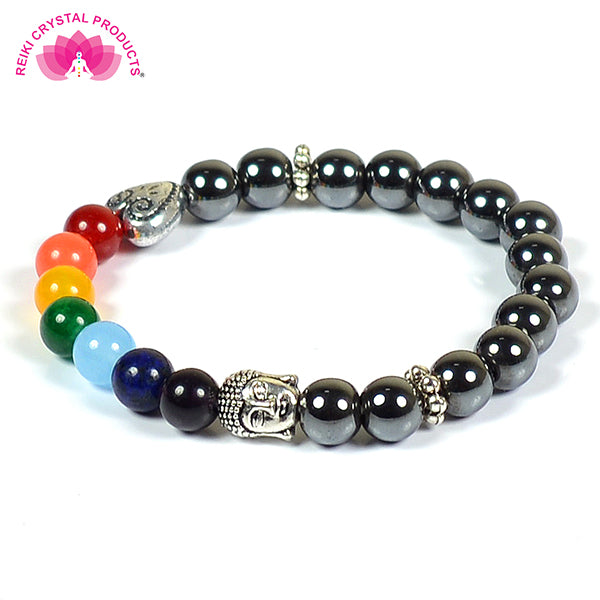 Natural Crystal Stone 7 Chakra Buddha Head Charm 8 mm Bracelet
