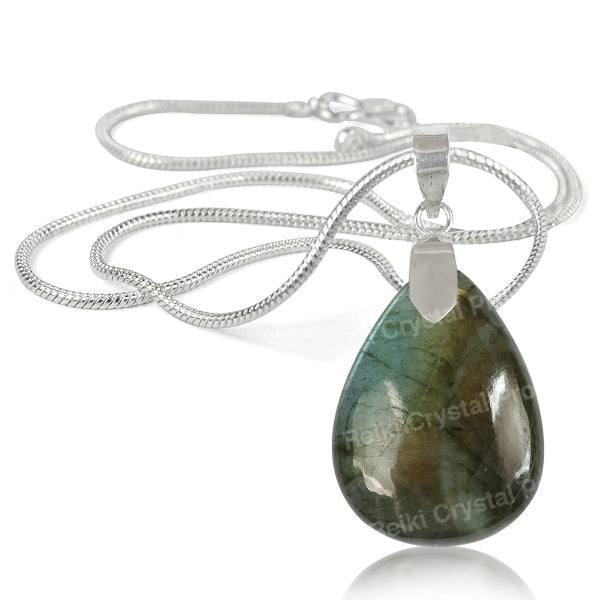 Natural Labradorite Drop Shape Pendant/Locket With Stone Metal Chain For Unisex