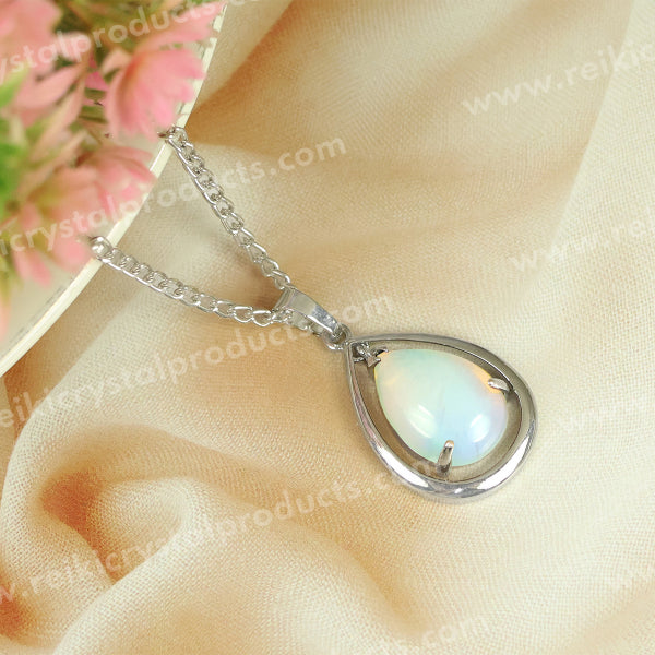 Natural Crystal Stone Drop Shape Pendant - Locket with Metal Chain