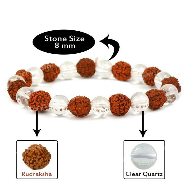 Natural Rudraksha with Clear Quartz (Sphatik) 8 mm Round Bead Bracelet for Peace, Protection, Spiritual Growth & Positive Energy | Reiki Charged Gemstone Bracelet for Men & Women