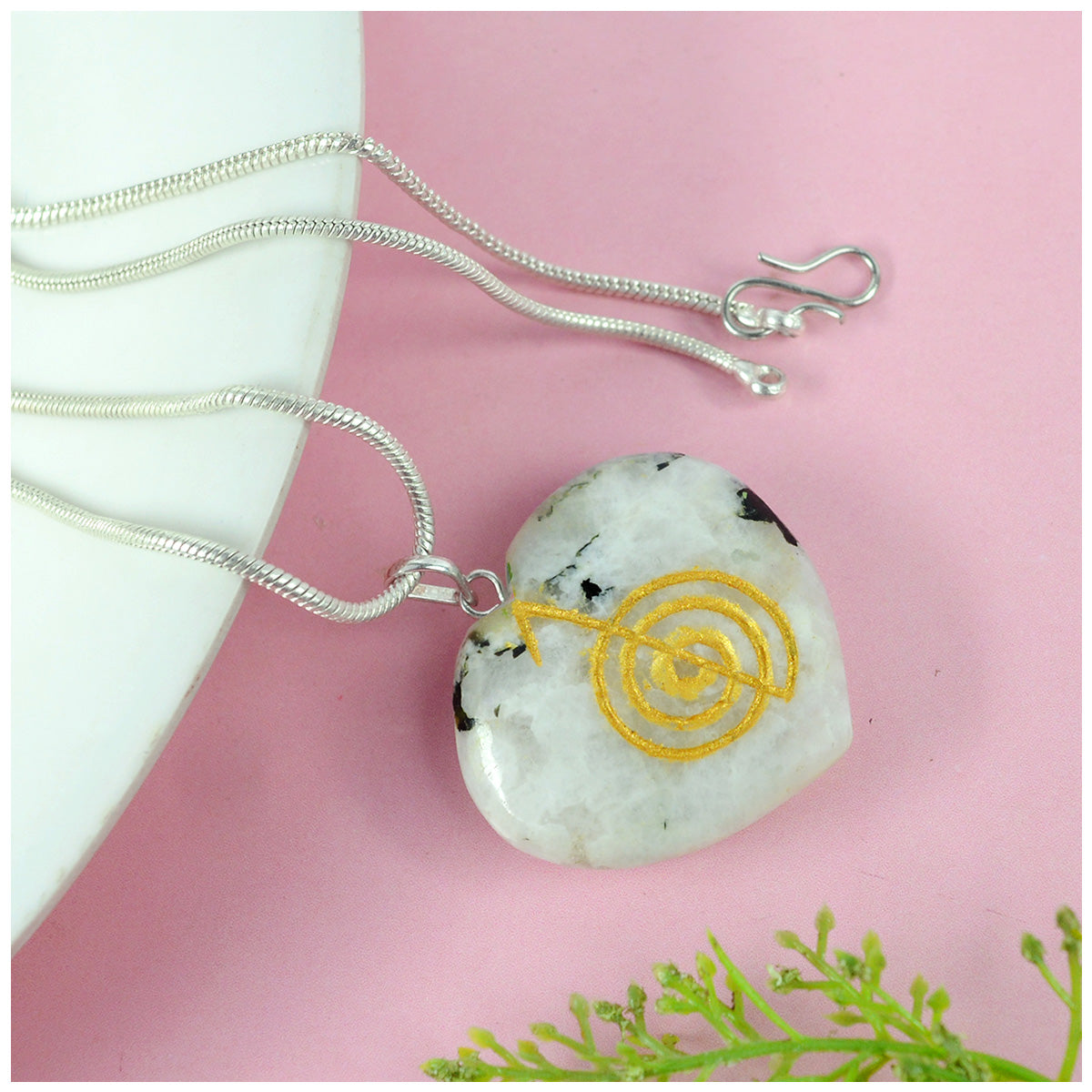 Natural Crystal Stone Reiki Cho Ku Rei Heart Shape Pendant - Locket with Metal Chain