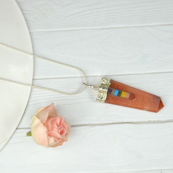 Natural Crystal Stone 7 Chakra Flat Stick Pendant Size 45-50 mm with Metal Chain