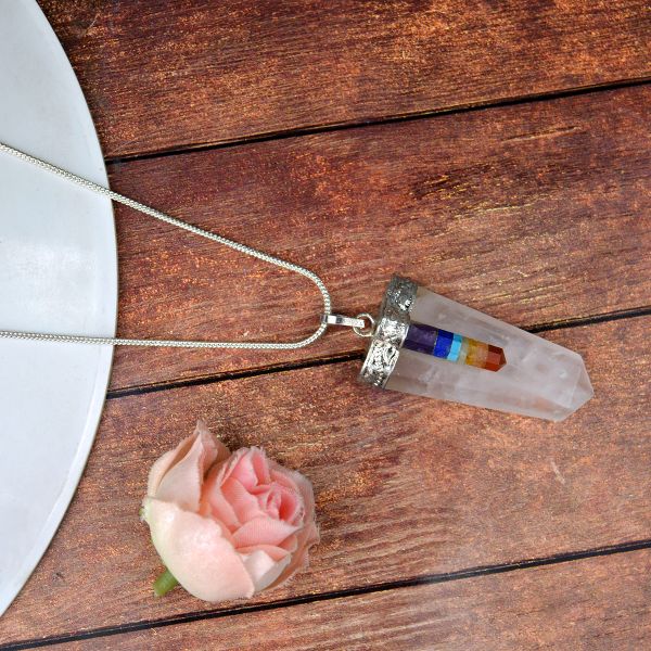 Natural Crystal Stone 7 Chakra Flat Stick Pendant Size 45-50 mm with Metal Chain