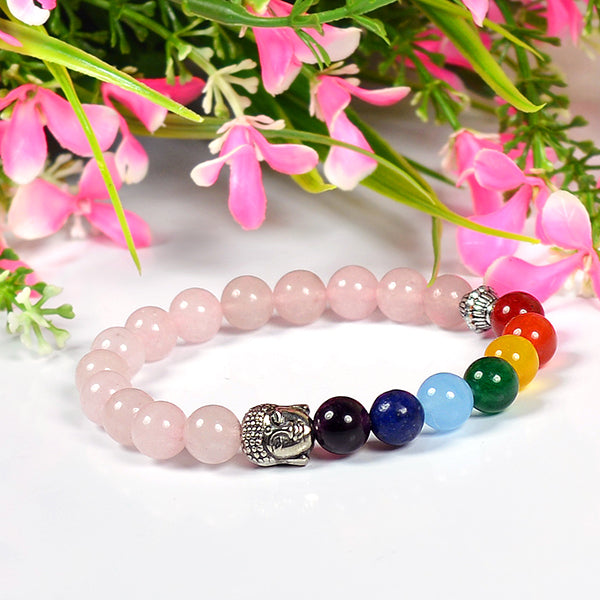 Natural Crystal Stone 7 Chakra Buddha Head Charm 8 mm Bracelet