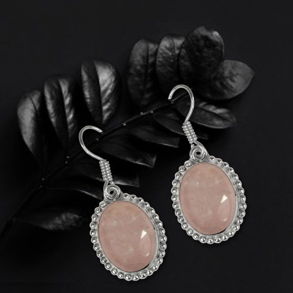 Natural Rose Quartz Crystal Jewelry Oval Earrings Gift for Women