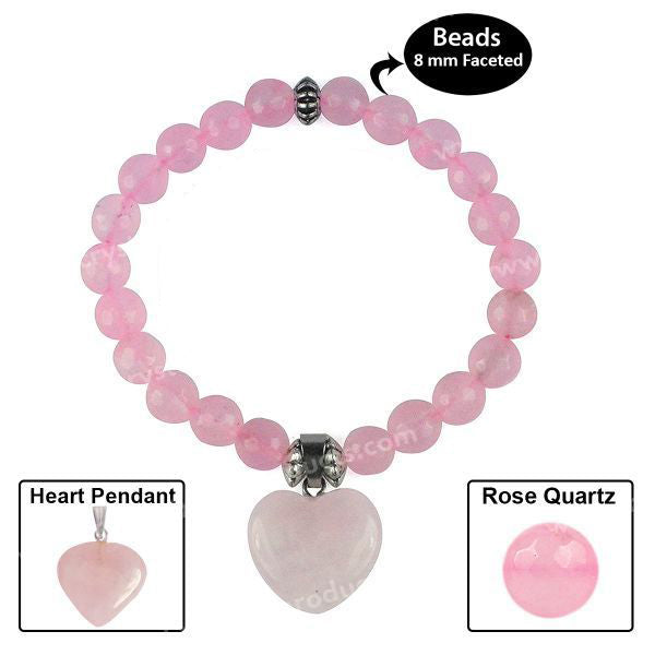 Rose Quartz 8 mm Faceted Bead Bracelet with Rose Quartz Heart Charm | Natural Crystal Bracelet for Love, Self-Love & Relationship Harmony | Reiki Energized Gemstone Bracelet for Women