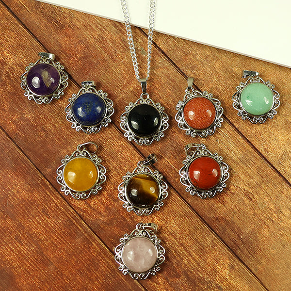 Natural Crystal Stone Round Designer Shape Pendant - Locket with Metal Chain