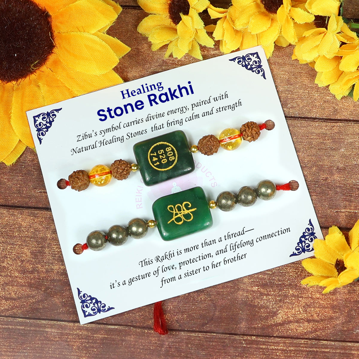 Natural Crystal Stone Pyrite with Citrine Rudraksha Rakhi Set of 2 Pc for Brother | Reiki Energized Raksha Bandhan Rakhi for Prosperity, Success & Positive Energy | Spiritual Crystal Rakhi Gift